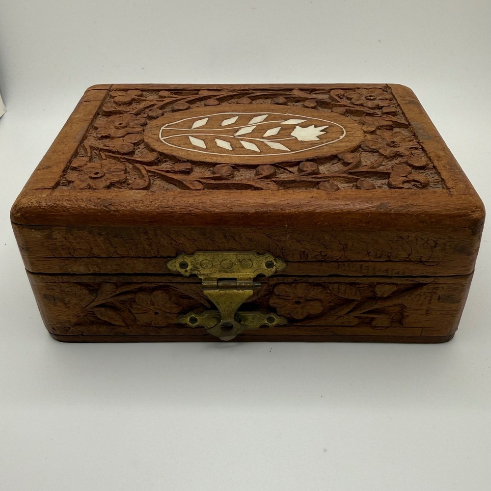 Vintage Carved Wooden Trinket Box Floral Relief Bone Inlay Navy Velvet Lining